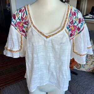 Pilcro And The Letterman By Anthropologie, Sht-Slv Embroidered White Shirt, Sz S